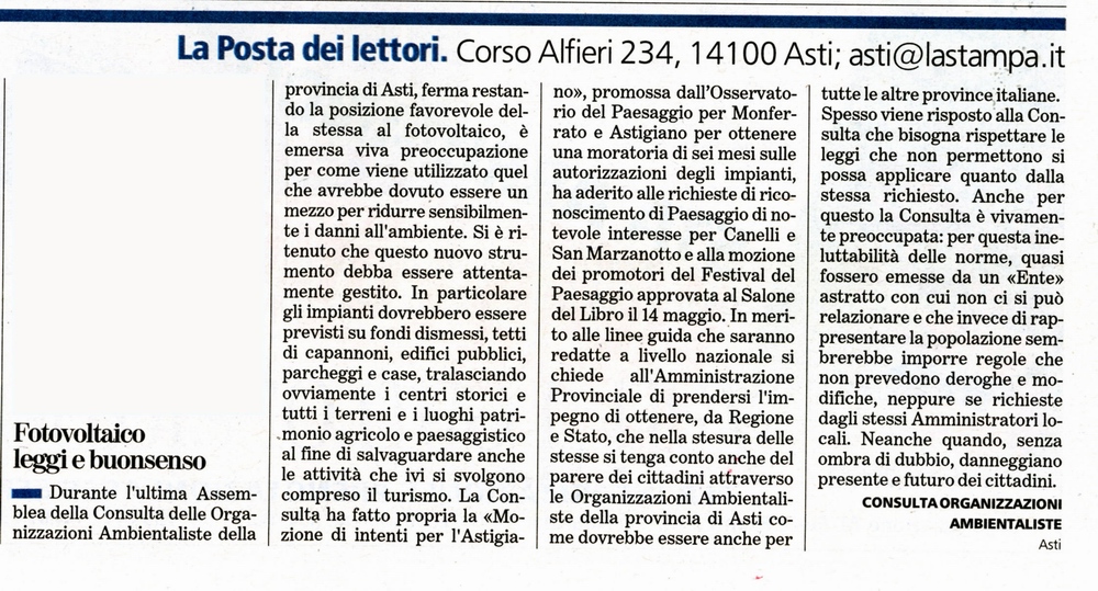 Rassegna stampa della Dichiarazione di notevole interesse pubblico del paesaggio di Canelli - La Stampa (venerdì 4 giugno 2010)