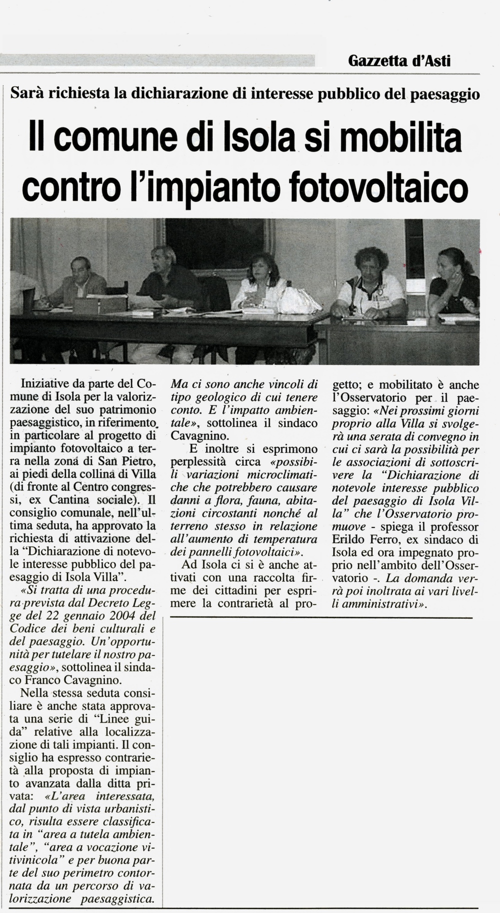 Rassegna stampa - Dichiarazione di notevole interesse pubblico del paesaggio di Isola Villa.- Gazzetta d'Asti (Venerdì 11 giugno 2010)