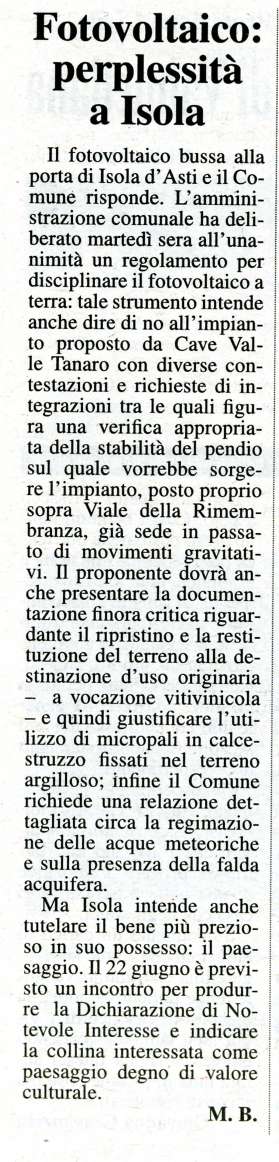 Rassegna stampa - Dichiarazione di notevole interesse pubblico del paesaggio di Isola Villa.- Gazzetta d'Asti (venerdì 18 giugno 2010)
