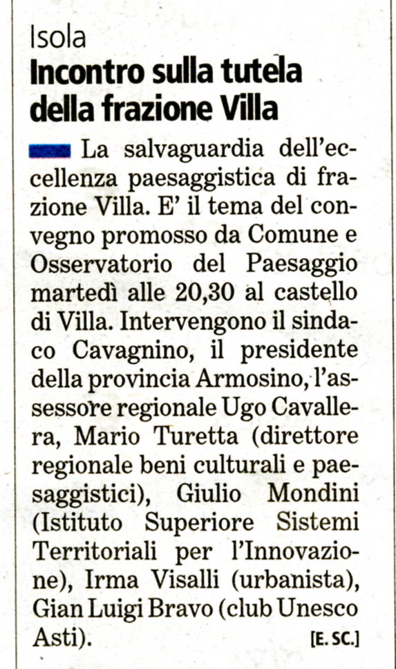 Rassegna stampa - Dichiarazione di notevole interesse pubblico del paesaggio di Isola Villa.- La Stampa (domenica 27 giugno 2010)