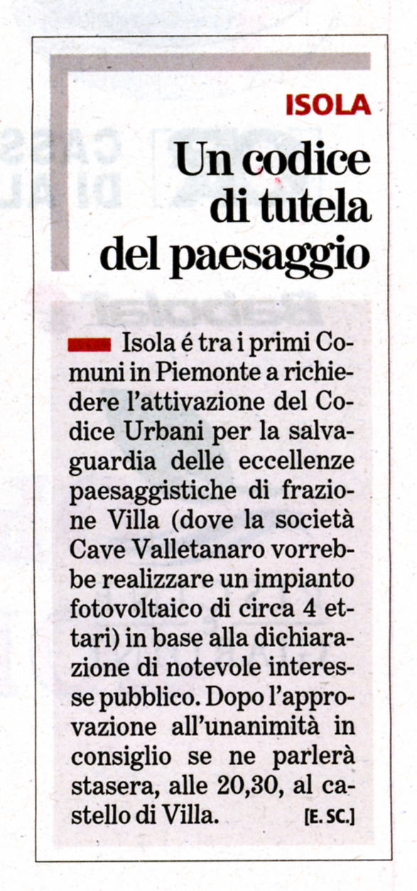 Rassegna stampa - Dichiarazione di notevole interesse pubblico del paesaggio di Isola Villa.- La Stampa (martedì 29 giugno 2010)
