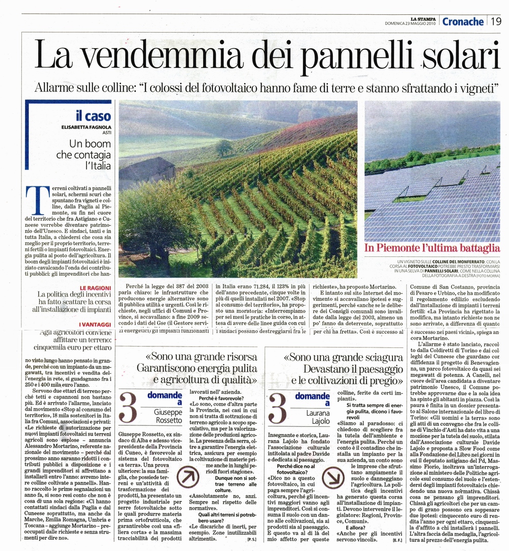 Rassegna stampa del Convegno ECODEM sulle energie rinnovabili - La Stampa (domenica 23 maggio 2010)