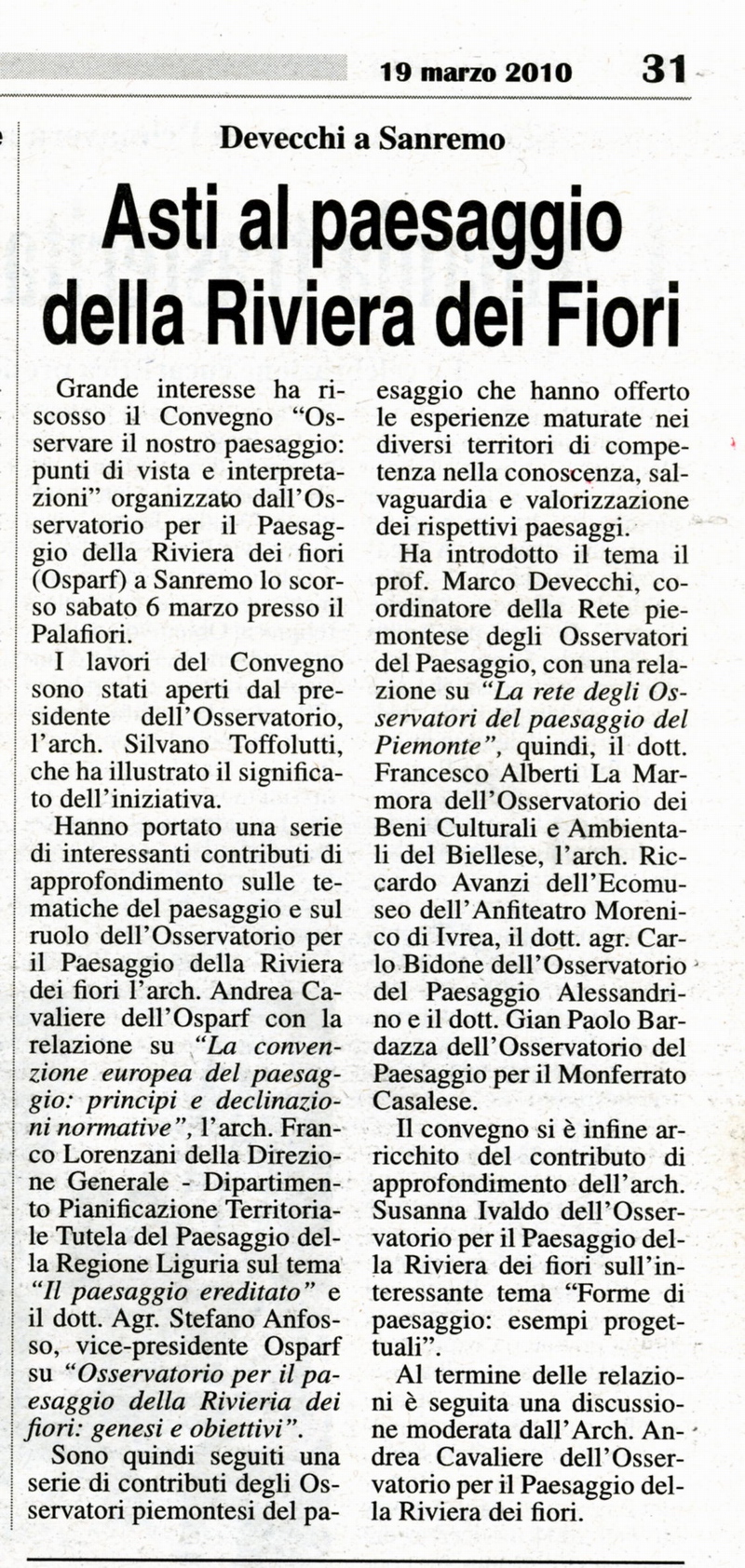 Gazzetta d'Asti (venerdì 19 marzo 2010) - Convegno “Osservare il nostro paesaggio: punti di vista e interpretazioni” 