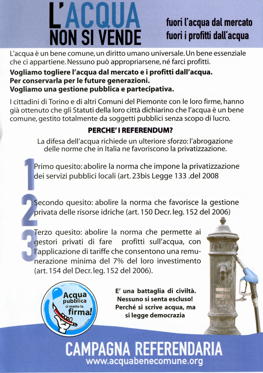 Depliant informativo della Campagna Referendaria per l'Acqua pubblica.