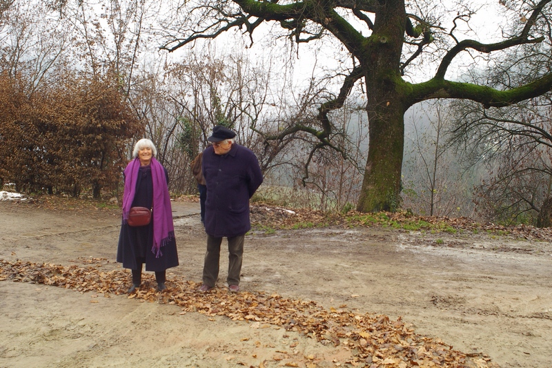 Tappeto di foglie realizzato all ingresso della Canonica. Nella foto l Arch. Paola Salerno (Direttore della Soprintendenza per la Canonica di Vezzolano) e il Prof. Dario Rei (Presidente dell Associazione per il Frutteto di Vezzolano).