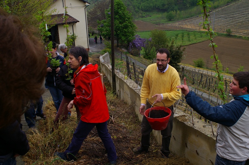 Messa a dimora delle piante di rampicanti alla base del muro in cemento da parte dei ragazzi con l aiuto di Paola Grassi e Andrea Laiolo.