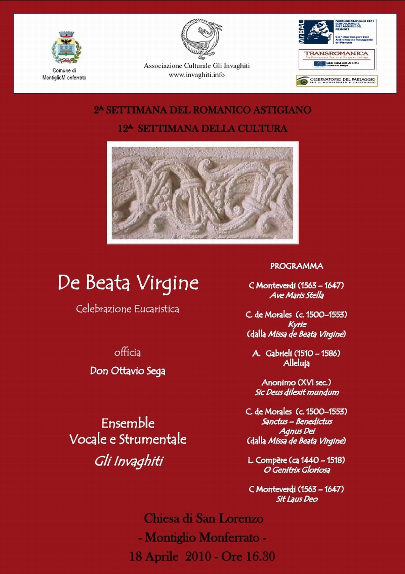 Locondina della Celebrazione eucaristica "De Beata Virgine", il Gruppo musicale "Gli Invaghiti", inserita nel programma della XII Settimana della cultura e in particolare nella Seconda Settimana del Romanico astigiano.