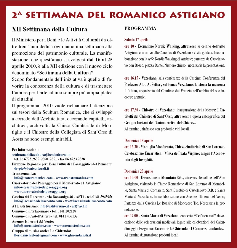 Programma della Seconda Settimana del Romanico astigiano.