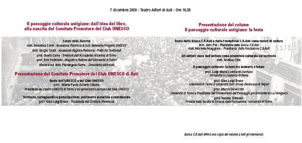 Depliant di Invito alla presentazione del Volume "Il paesaggio culturale astigiano. La festa" (retro).